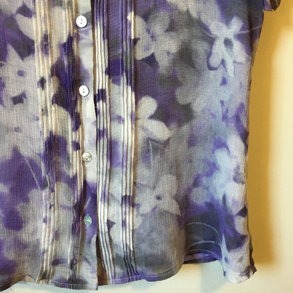 Vintage Y2K Chiffon Floral Watercolour Short Sleeve Button Up Pintuck Shirt - Picture 5 of 16